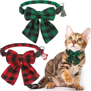 Christmas Cat Collar with Bell & Stylish Bowtie, Classic Red Green Plaid Pattern Breakaway Cat Collars Accessories for Boy Girl Small Cats, Holiday Xmas Kitten Costumes for Female Male Pets