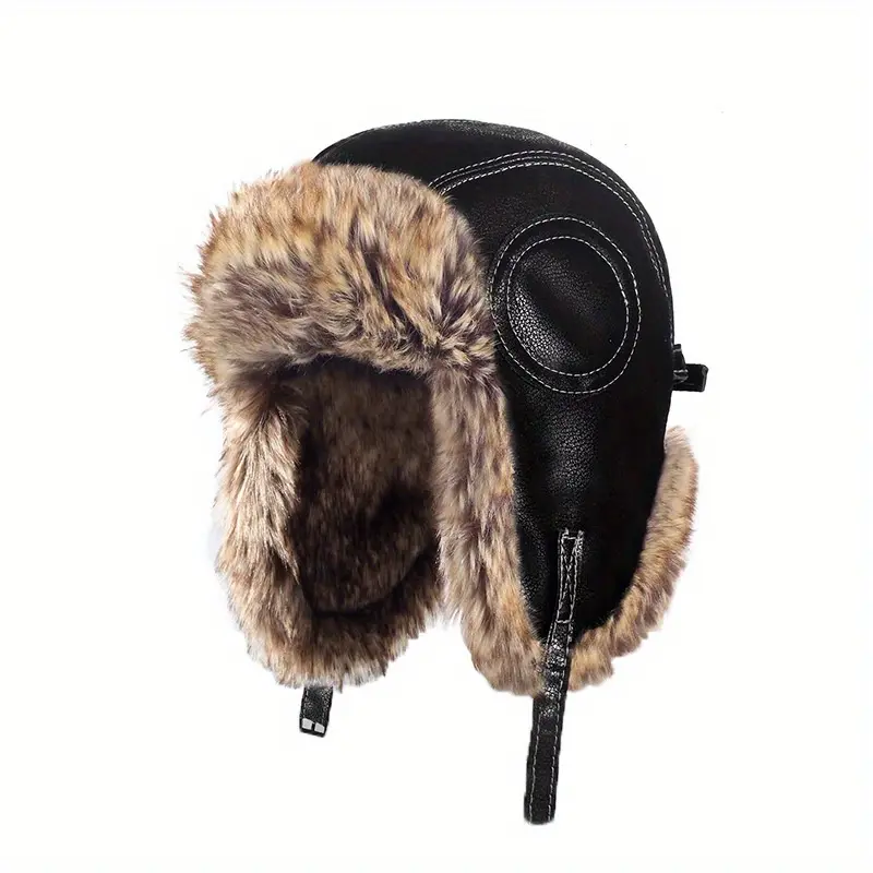 1 Piece Men's Thick Faux Leather Trapper Hat with Faux Fur Trim - Windproof Earflap Design, Suitable for Snowy Weather, Ideal Gift for Him, Hat