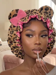 Luxury Teddy Material Hair Bonnet, Leopard Animal Print, Pink for Haircare & Styling