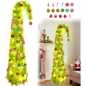 5Ft Whimsical Pop up Christmas Tree with LED 50 Lights, Lime Green Pencil Trees with Xmas Accessories, Collpsible Bendable Christmas Tree for Yard, Fireplace, Indoors and Outdoors Decor