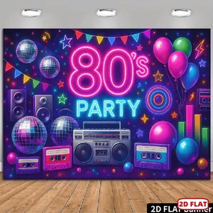 1pc 2D Flat banner Theme Party Backdrop with Pink Neon "80's PARTY" Sign & Vintage Cassette Tape/Purple VHS- Retro Wall Decor Suitable for Weddings, Birthdays, Disco Party Decorations, FlatValentine, Carnival,