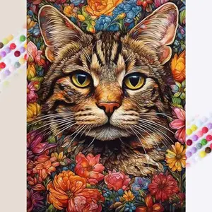 5D DIY Full Drill Round Diamond Painting - Diamond Art Painting Kit, Cat, Floral, Colorful Mosaic, Canvas - DIY Decoration Painting, Home Wall Decor, Suitable for Halloween and Christmas, Birthday and Anniversary Gifts