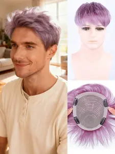 Ins Style Men's Toupees Human Hair Textured Perm Hair Topper Men Wig Stylish Purple Realistic Hairpiece for Men Ultra-Thin Base Undetectable Hairline Conceals Thinning Hair