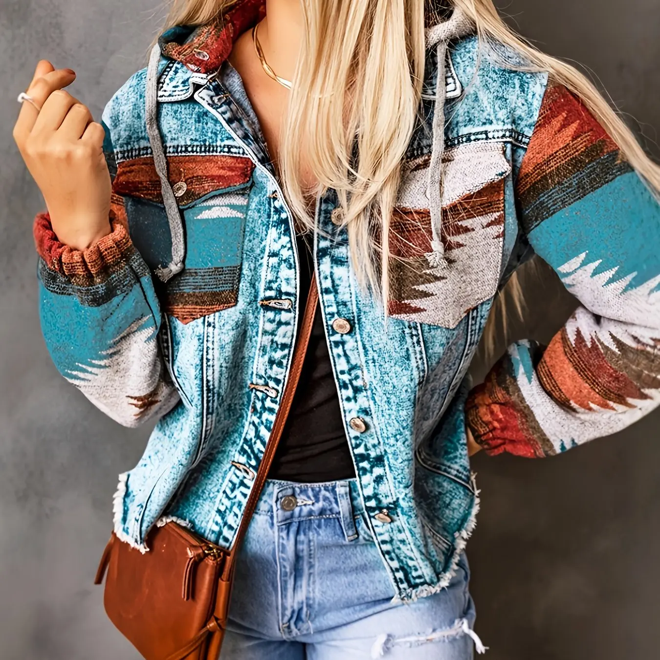 Women's Retro Hooded Denim Patchwork Color-Block Jacket - 2026 Euro-American Rugged Style, Pockets, Comfortable Fabric, Bold Fashion, All-Seasons Hoodies, Casual Thick Vintage Women's Top & Coat