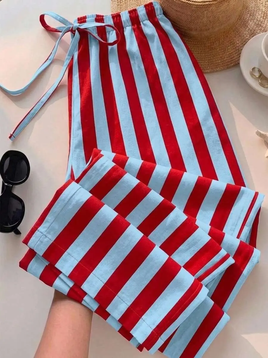 Women's Striped Tie Waist Pants Elastic Waist Long Straight Leg Pull-On Bottoms for Work and Errands