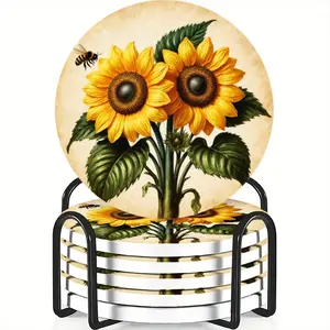 6-Piece Cup Mat Set Coasters Sunflower & Bee Design Ceramic Non-Slip Heat Resistant Coffee Drink Home Restaurant Decor Ideal Gift