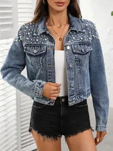 Women's Pearl Decorated Denim Jacket, Vintage Washed Short Truck Driver Jean Coat, Long Sleeve Elegant Casual Outerwear Tops