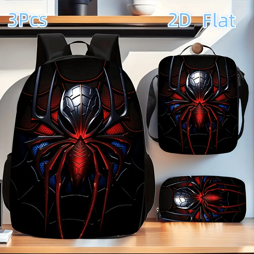 Spider Hero Suit Logo 3PCS Backpack Set, Durable 600D Oxford Cloth School Bag Adjustable Breathable Strap,for Kids Teens School Travel Outdoor