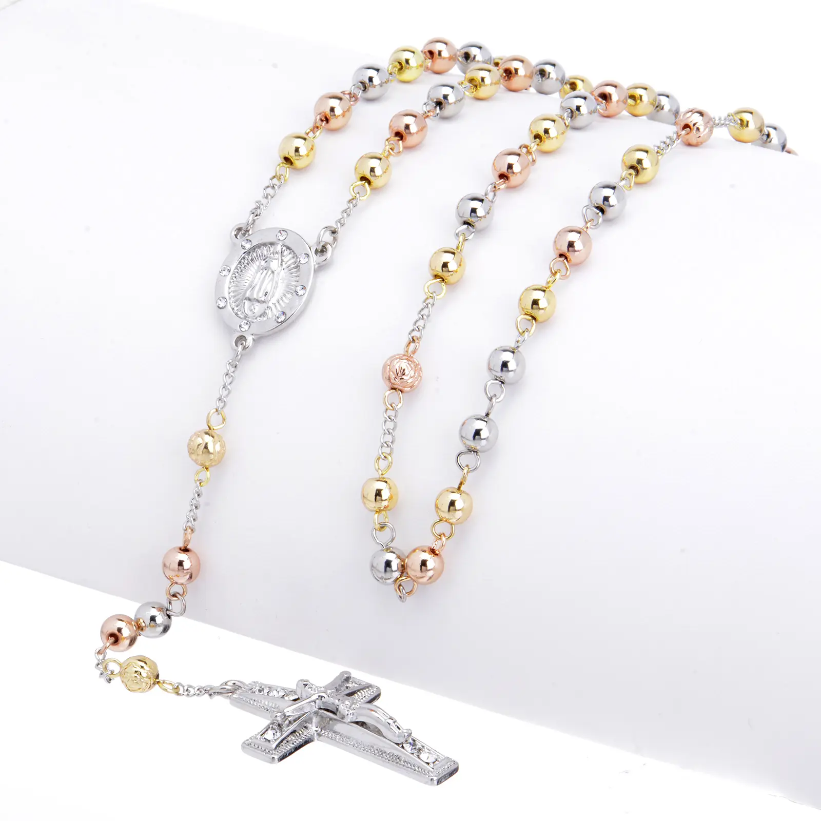 Men's Women's Silver & Rose Gold & Gold Tone Bead Virgin Mary Guadalupe Cross 28" Rosary Necklace HR600SRGD