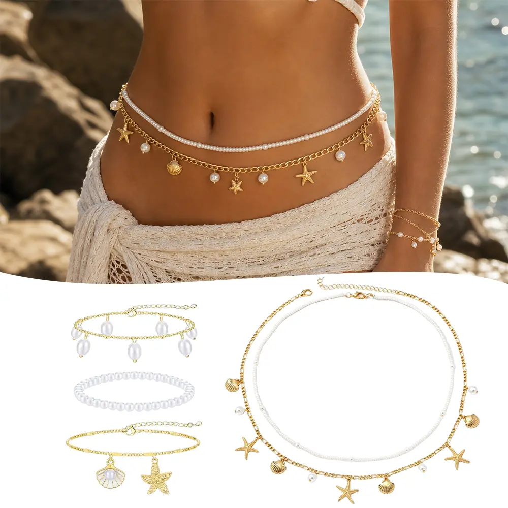 Women's 5-Piece Beach Ocean Jewelry Set - 2 Gold Starfish Shell Pearl Waist Chains, 3 Ankle Bracelets, Layered Boho Pearl Beaded Adjustable Summer Body Jewelry for Bikini, Vacation, Daily Wear, Anklets For Women, Plastic, Ocean Themed Stuff, Lightweight,