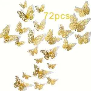12/72Pcs 3D Butterfly Wall Decor Set Hollow Design Gold Butterflies for Party Decor & Bridal Shower Creative Butterfly Stickers for Gift Box & Flower Arrangement DIY Home Decoration Setup