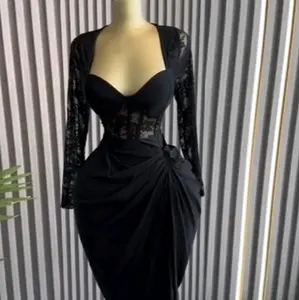 Elegant Black Lace Long Sleeve Dress with Deep V-Neck and Draped Hem for Formal Events Party Womenswear
