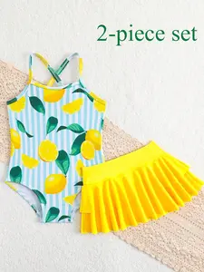 Girls' Lemon Pattern Swimsuit Set, Strapless One-Piece Swimwear & Two-Layer Ruffle Skirt, Cute Beach Vacation, Swimsuits with Shorts