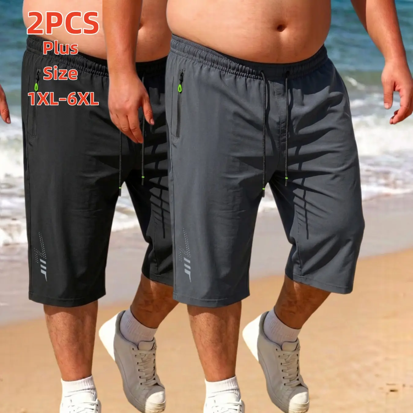 2-Pack Men's Casual Breathable Shorts male capri pants Plus Size 1XL-6XL, Drawstring Waist, Side Zipper Pockets, Loose Fit Quick Dry Breathable  Cooling  Lightweight  Sweat-Wicking For Big & Tall Oversized Men