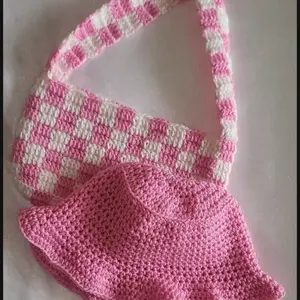 Handmade Set Hat and Bag Crochet in Pink and White Checker Pattern - Handcrafted Accessories