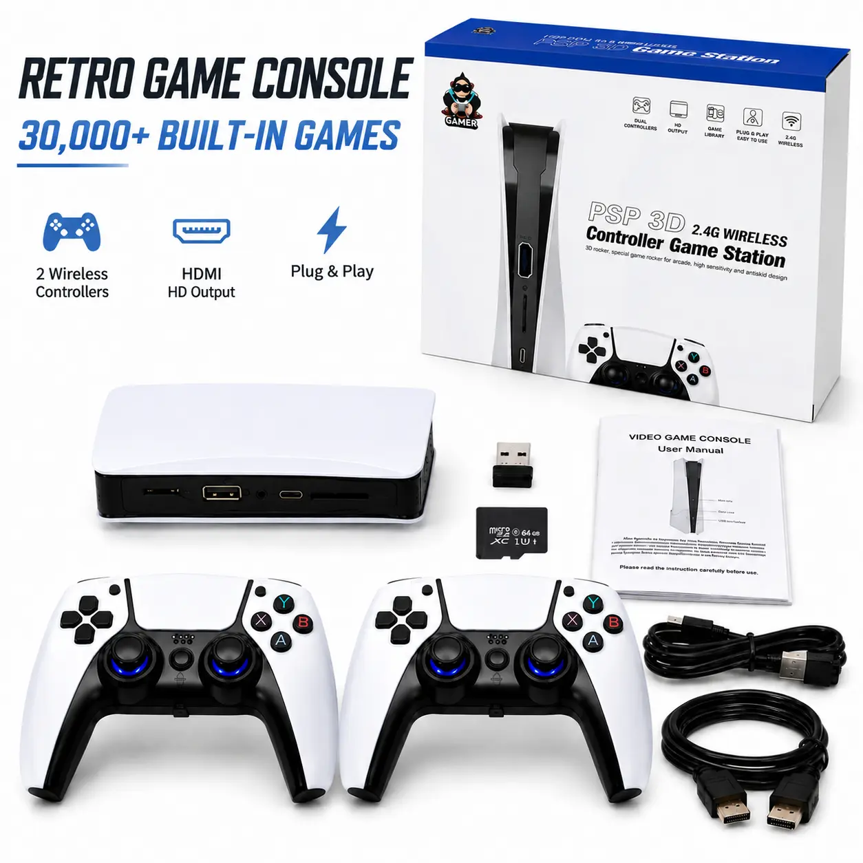 Retro Game Console with 2 Wireless Controllers, Built-in 30K+ Games, HDMI HD Output, Plug & Play Classic Gaming System tv compatible