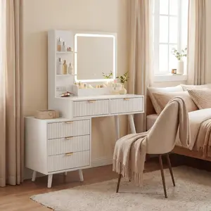 Vanity Desk with Lighted Mirror & Power Outlet, 3 Color Lighting Modes, Makeup Vanity with 5 Drawers & Wave Panel Design, Storage Shelves Dressing Table for Bedroom