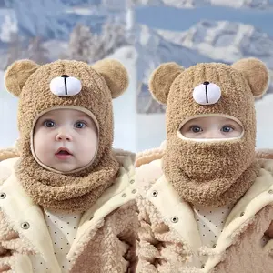 [Fleece-Lined Winter Combo] Bear Hooded Scarf with 2 Pompoms |     Fleece-Lined Winter Hat & Scarf Combo, Snug Fit, Ear Flap Hat, Playful Design, Durable Stitching, Cold Weather Gear, Outdoor Playwear, Holiday Gifts, Accessories