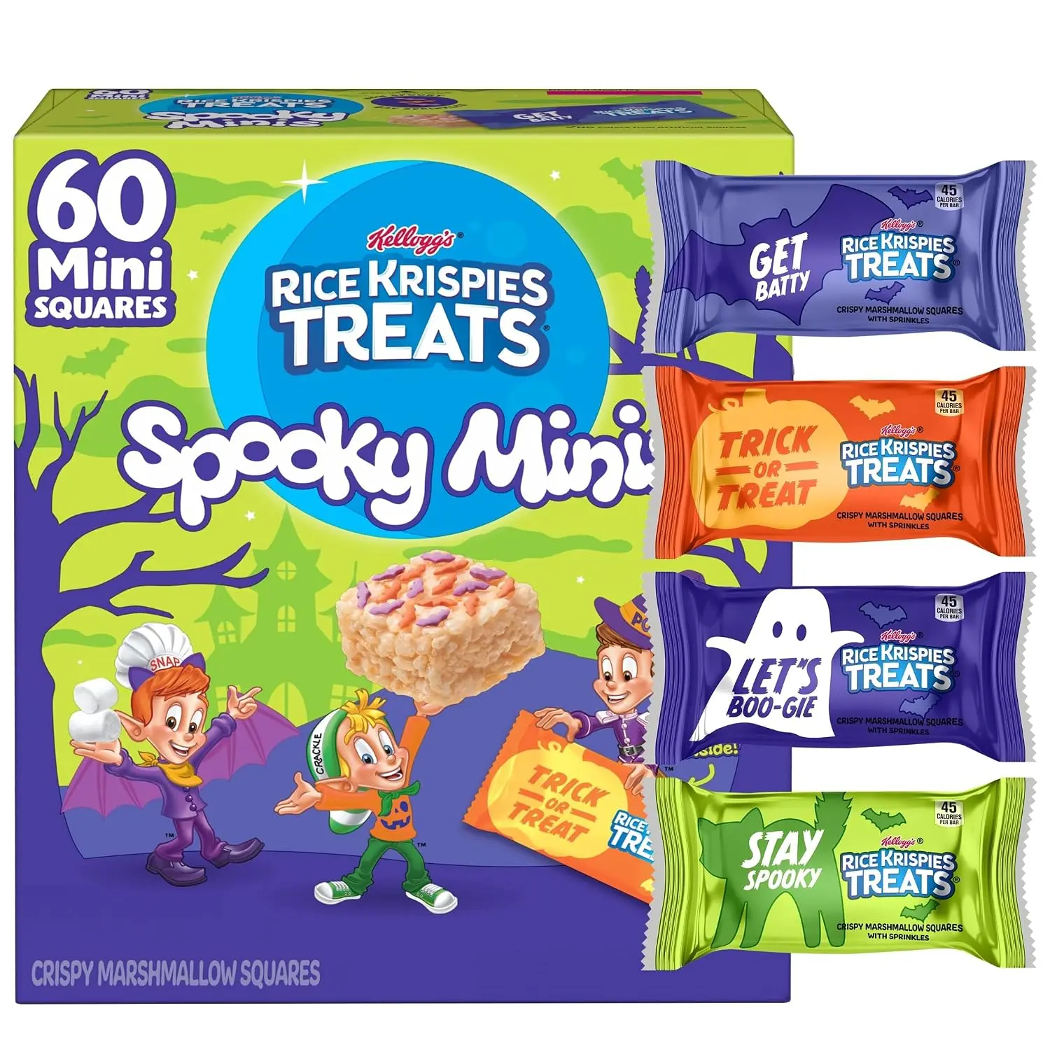 Rice Krispies Treats Mini Crispy Marshmallow Squares, Kids Snacks, Cereal Bars, Halloween, 23.2oz Box (60 Bars)