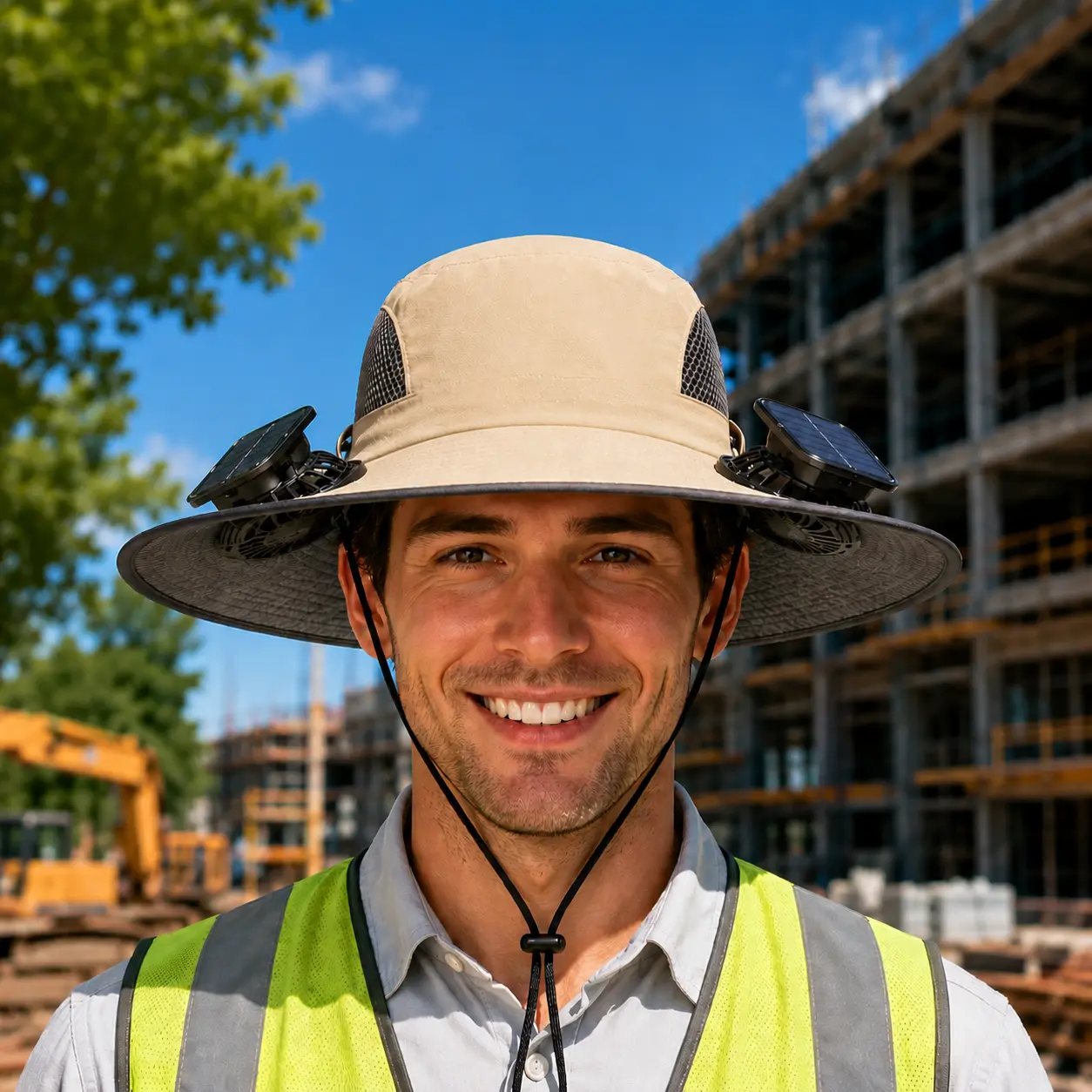 2026 Father’s Day Gift Solar Fan Hat - Dual Cooling Sun Hat for Outdoor Workers, Construction, Gardening, Landscaping | USB Rechargeable Wide Brim Work Hat with Neck Flap & Mesh Ventilation summerwins