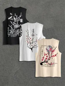 Men's Cherry Blossom Floral Print Tank Top, Regular Fit Casual Sleeveless Round Neck Top for Summer, Men's Top for Outdoor Wear