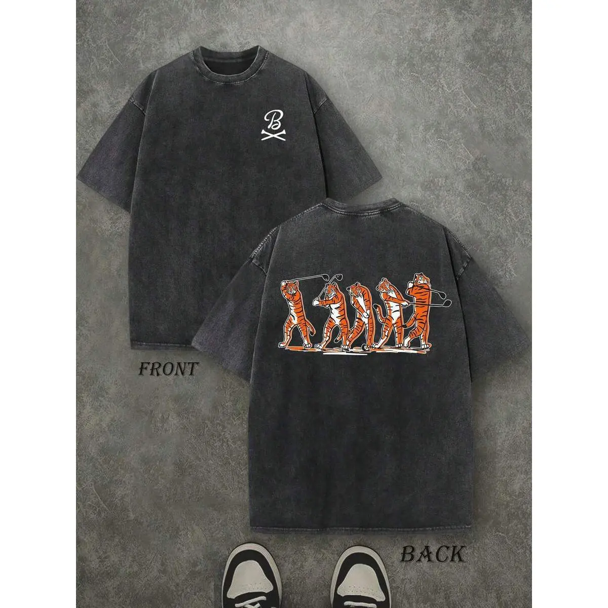 Unisex heavyweight washed cotton T-shirt/golf tee, vintage streetwear style, double-sided “Barstool Golf Tiger Swing” graphic print