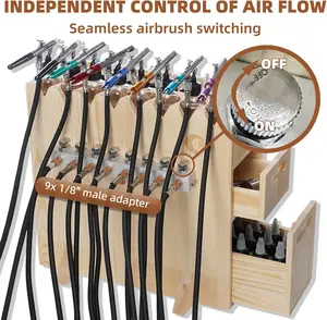 OPHIR Airbrush Holder, Table Airbrush Stand with Airbrush 8 Way Hose Splitter, Wooden Airbrush Holder Stand with 2 Drawers can Hold Up to 8 Siphon Feed Airbrush Gun, for Miniature Paint Organizer