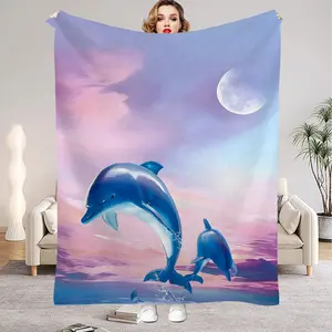 Aesthetic Pink Dolphin Blanket Dreamcore 2D Print Flannel Throw Mermaidcore Room Decor Soft Cozy Bedding For Teen Girls