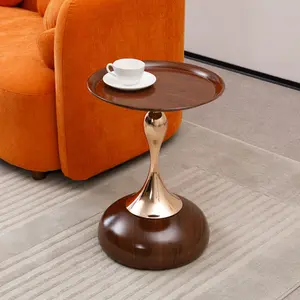 Mermaid Tail Round Side Table for Living Room, Modern Metal End Table, Small Accent Coffee Table for Bedroom, Martini Drink Pedestal Table, Walnut Brown