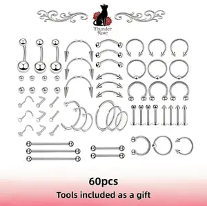 60Pcs Basic Stainless Steel Piercing Jewelry Set, Hypoallergenic Straight & Curved Barbells + Captive Bead Hoops, Multi-Piercing Compatible, Tools Included as a Gift
