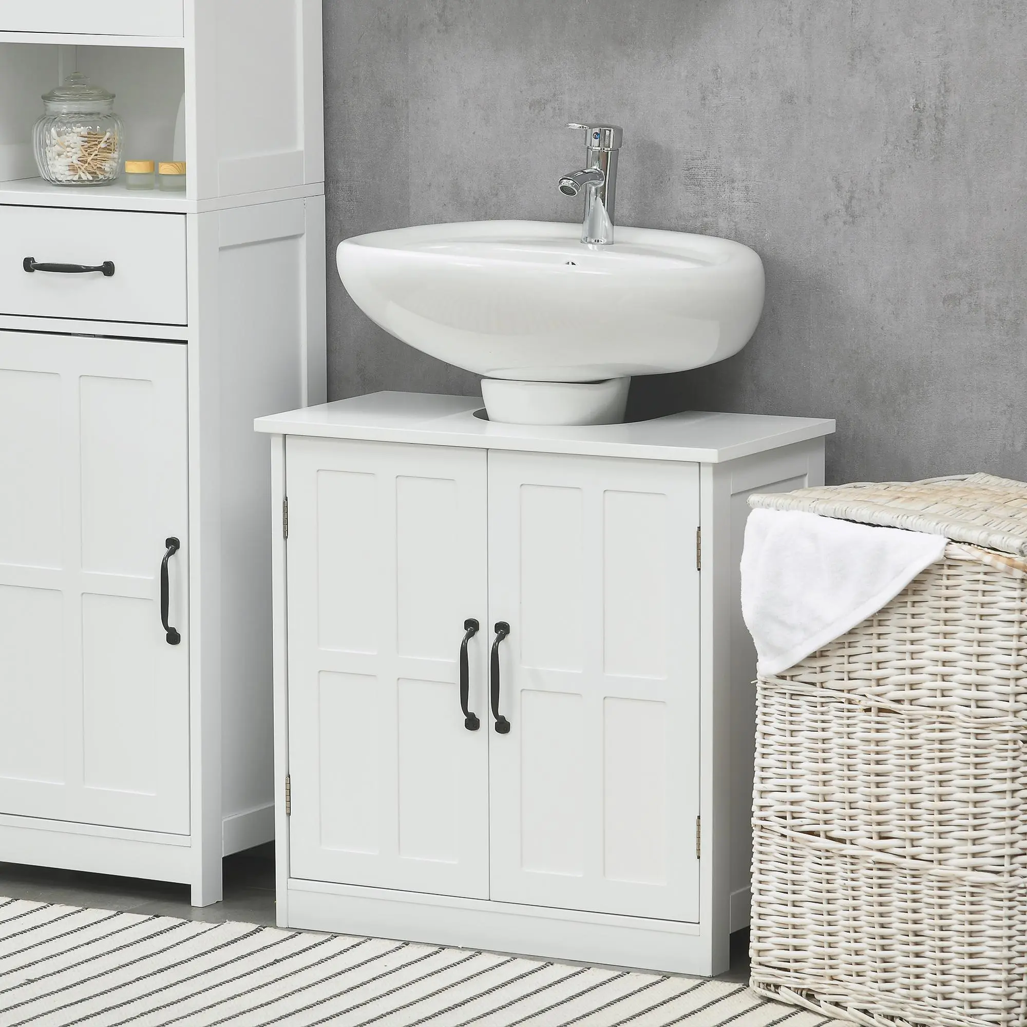 Bathroom Sink Cabinet Pedestal with Adjustable Shelf White U-Shaped Cutout Double-Door Design for Small Spaces Space-Saving Storage