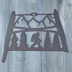 Timber Legend: Vintage Bow Saw with Bigfoot Metal Sign Cutout - Sasquatch Sign