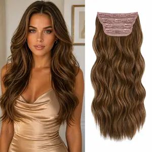 Plodon Chestnut Brown Clip-in Synthetic Hair Extensions Long Wavy 4PCS Thick Hairpieces Double Weft Natural Hair Extensions for Women 16-24 Inches Heat-Resistant Fiber Secure Clips, clip hair extensions.