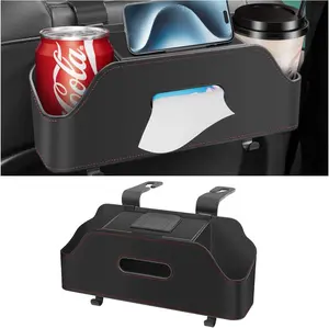 Car Headrest Backseat Organizer with Cup Holder, Multi-Functional Vehicle Seat Back Hanging Storage Box with Hooks, Auto Drink Snack Phone Tray Travel Accessories for Kids Adults (Black)