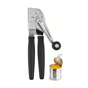 Universal Can Opener, Hand Crank Manual Heavy-Duty Stainless Steel Can Opener with Comfortable Extra-Long Handles, Oversized Knob, Large Handheld Design for Easy Opening of Big Cans, Black