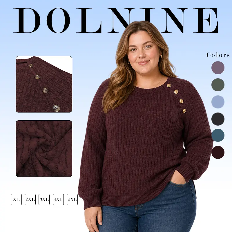 DOLNINE Women's Plus Size (XL-5XL) Minimalist Knitwear Pullover - Fall Winter Cozy Ribbed Fabric Lightweight Long Sleeve V-Neck Diagonal Button Asymmetric Side Slit Tunic VPS0232 Breathable