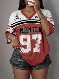 Women's Y2K American Monica Number 97 Graphic Tee, Jersey Shirt, Breathable Mesh Sporty Streetwear, Fitted Casual Top for All Seasons