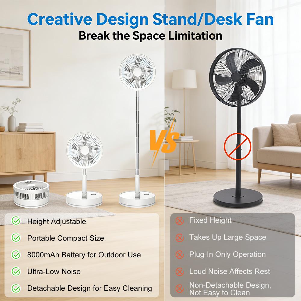 [Flash Sale]Foldable USB-Powered Desk Fan - 360° Rotation, 3 Speed Settings, 8000mAh Ultra-Long Battery Life, 105cm Max Height, Quiet Operation, Portable Oscillating Fan for Bedrooms, Offices