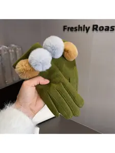 Maillard fox fur ball five-finger women's gloves new touchscreen winter fleece-lined thickened
