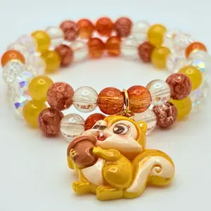Dope Jewelry Co Nutty Squirrel Bracelet Stack Autumn Serotonin Handmade Beaded Set with Warm Caramel Amber Frosted Glass Beads and Adorable Squirrel Charm
