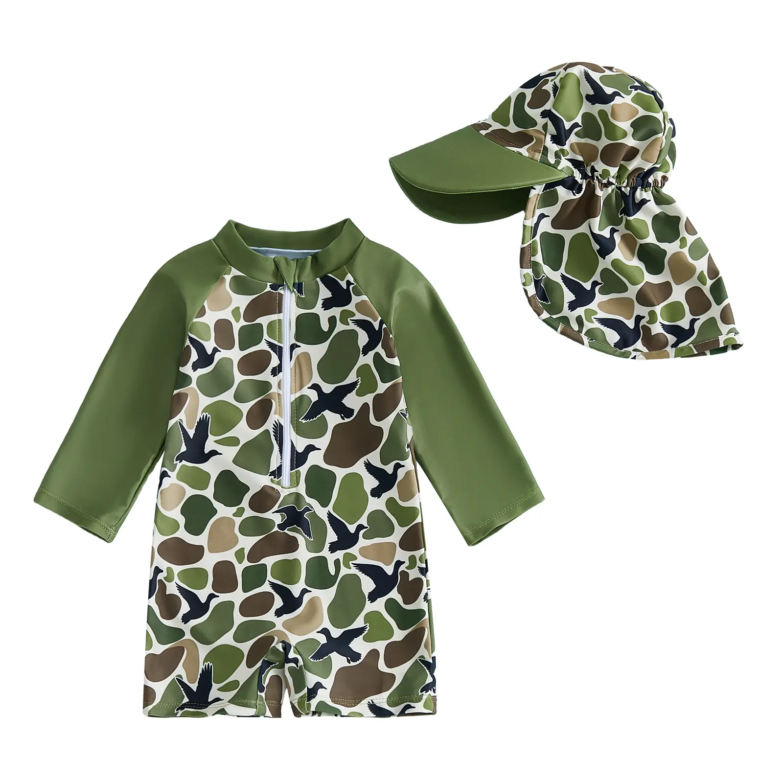 Babamoon Toddler Baby Boy 2-Piece Rash Guard Swimsuit Set with Hat, Hunting Deer Camouflage, Half-Zip Long Sleeve, Casual Baby Boys Swimwear for 0-3 Years Summer Beach Use