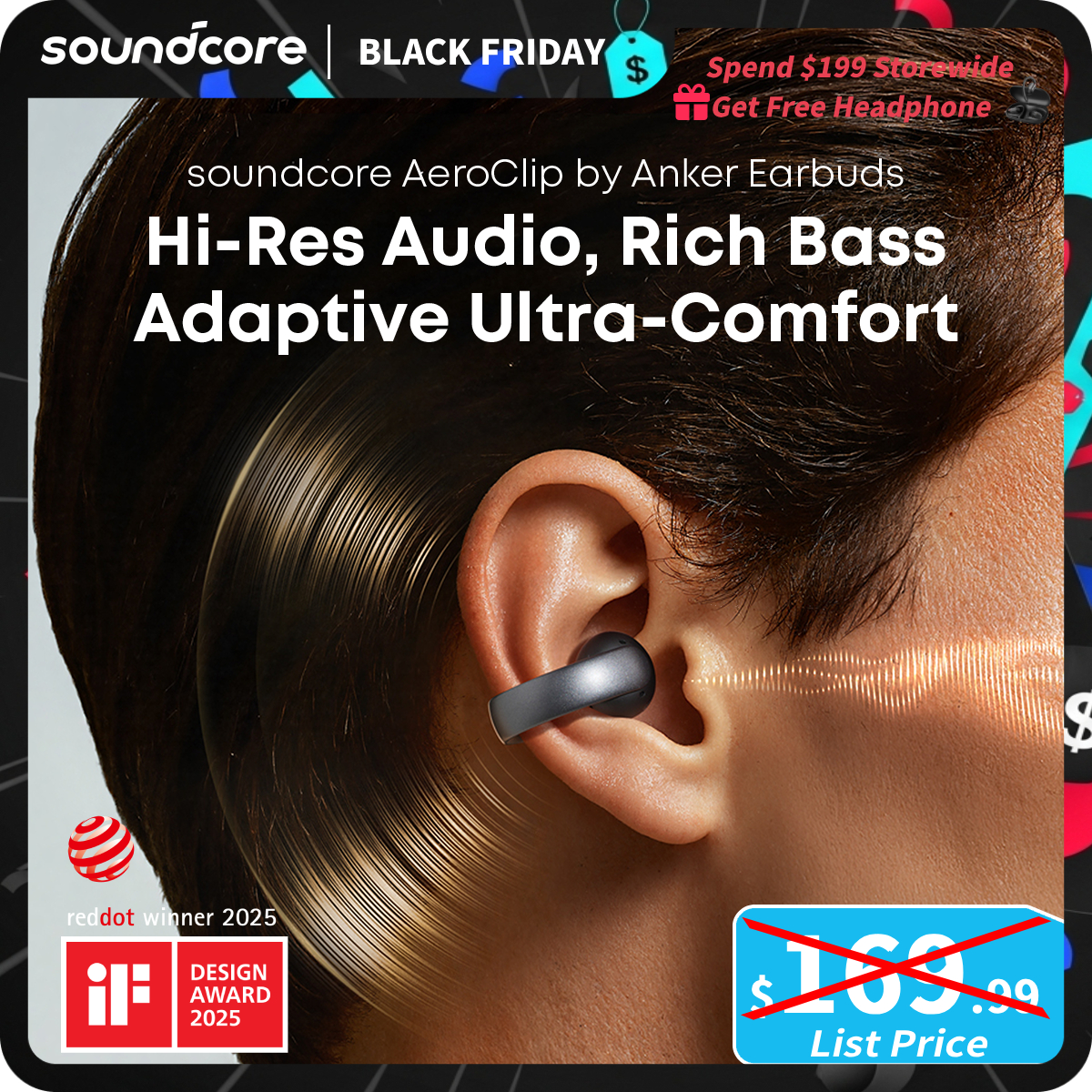 [TikTokShopBlackFriday] soundcore AeroClip by Anker, Open-Ear Earbuds, Clip-On Headphones, Adaptive Comfort, Clear Calls with 4 Mics and AI, Stable Fi