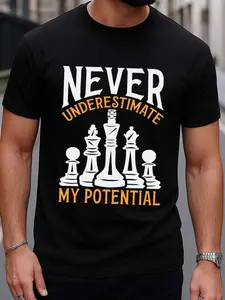 Men's Chess-Themed T-Shirt, 100% Cotton, 180g Weight, Black, with Chess Pieces and Chessboard Print, Casual Short-Sleeve Shirt, Suitable for Chess Tournaments, Events, and Everyday Wear - Business Casual Attire