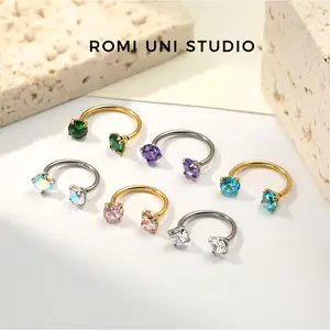 ROMI UNI STUDIO 6mm Titanium Horseshoe Nose Ring 20G/18G/16G Internally Threaded Gems with Free Ball Holder Piercing Jewelry for Daith Cartilage Helix Unisex