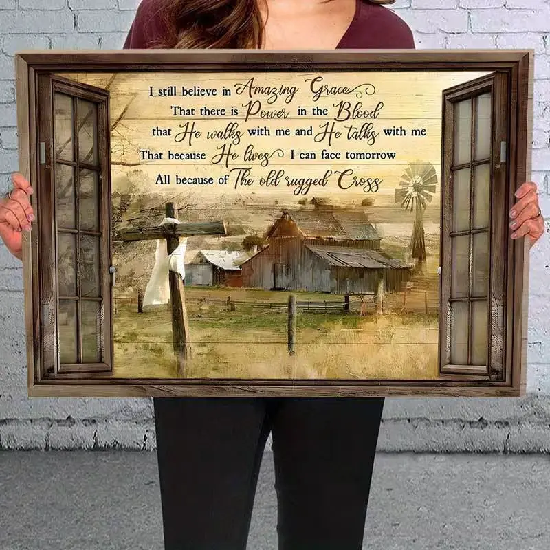 Framed Canvas Wall Art, I Still Believe In Amazing Grace Religious Farmhouse Window Print, Old Rugged Cross Bible Verse Wall Decor, 12x18 Inch Ready-to-Hang Poster for Living Room Bedroom