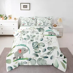 Kawaii Elephant Comforter Set for Boys Girls Cartoon Animal Bedding Set,Eucalyptus Leaves Bedding Comforter Set,Jungle Wildlife Duvet Set,Tropical Plants Quilted Comforter