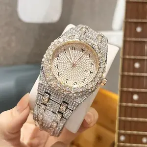 Watch Men Automatic Round Dial Date Display Two Tone Gold Silver Finish Stainless Steel Pave Style Mens Watch Gift for Him Birthday Wedding Anniversary