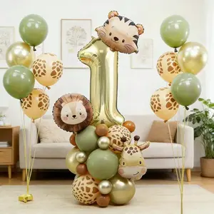 38pcs Cute Cartoon Animal Head Aluminum Foil Balloons Set, Tiger Lion Giraffe Balloon Stands, Jungle Theme Party Decorations, Balloon Garland