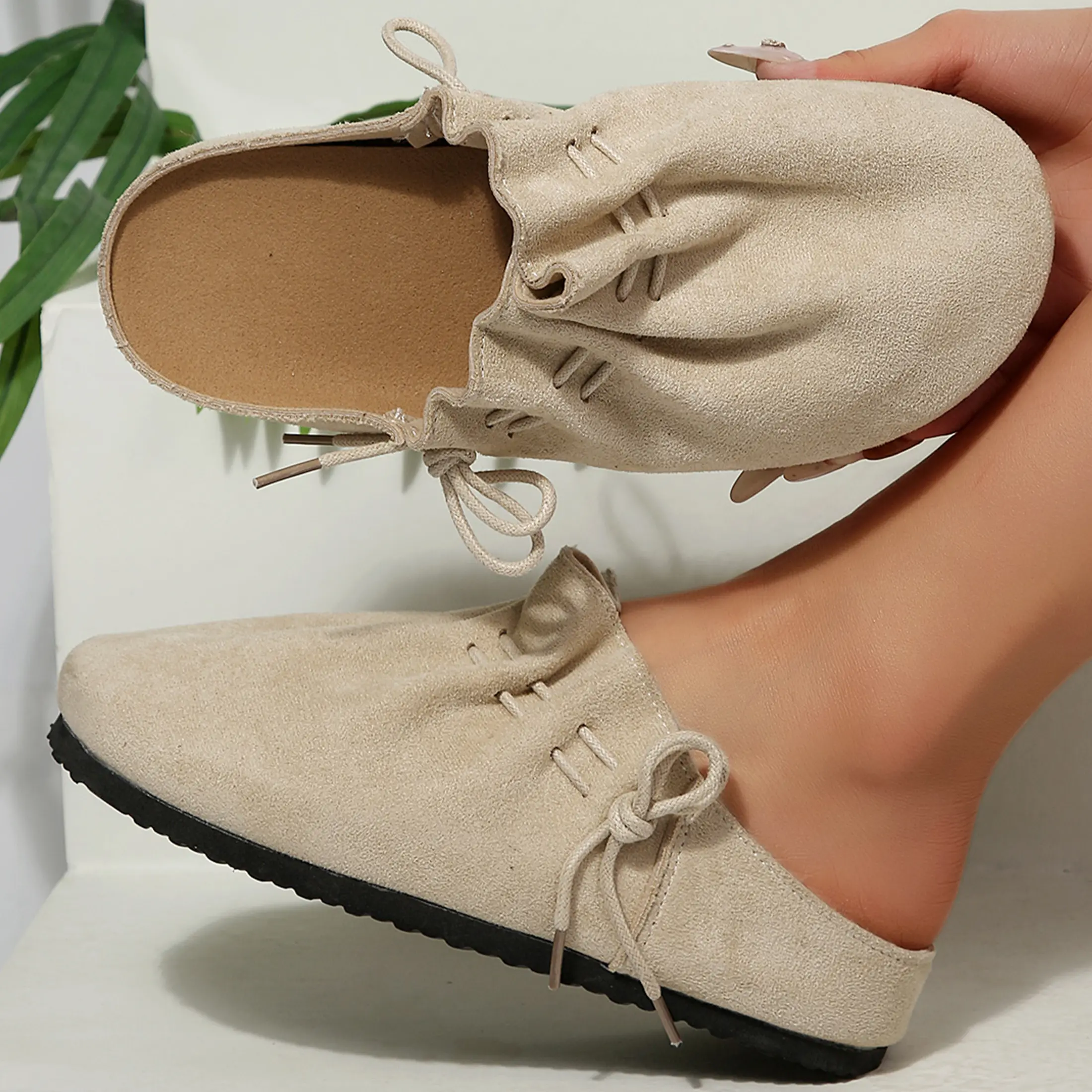 Women's Drawstring Slippers Trendy Slip-on Sandals for Women Suede Mule Loafers Backless  Flats Casual Round Toe Comfort Slides Indoor Outdoor Shoes