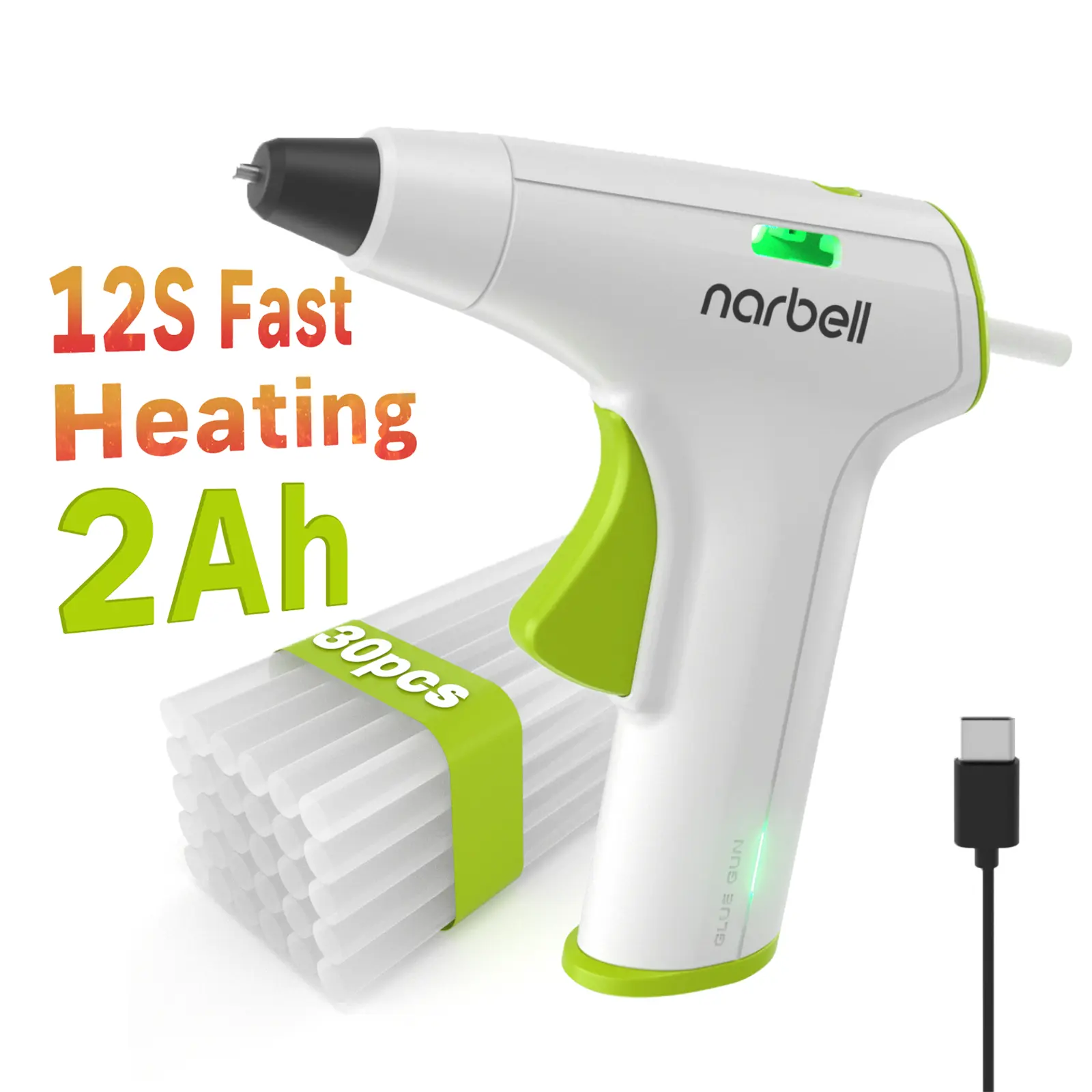 Narbell Hot Glue Gun,12s Fast Preheating Anti-drip Cordless Glue Gun, 2Ah USB-C Rechargeable Kit with 30 Mini GlueSticks with 30 Pcs Glue Sticks, Smart Power-Off Feature, for School Crafts/ DiY Project/ Home Repairs/ Party Decorations
